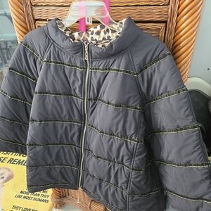 Chicos Black/Leopard REVERSIBLE Puffer Jacket with Gold Accents